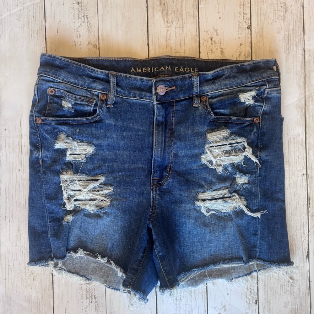 SOLD American Eagle Distressed Denim Shorts High Rise Frayed Cutoff Size 12 Blue